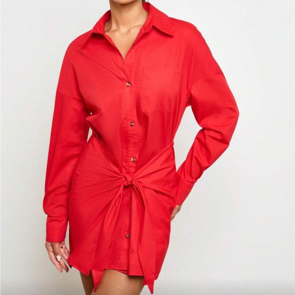 Chic Red Tie-Front Shirt Dress